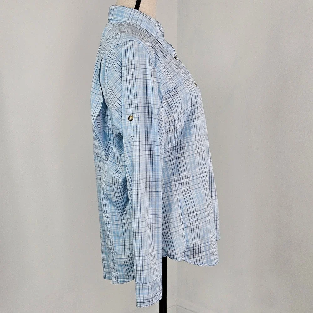 LL Bean Long Sleeve Roll Tab Blue Plaid Vented Shirt Fish Hike Womens M UPF 50 - Picture 11 of 16